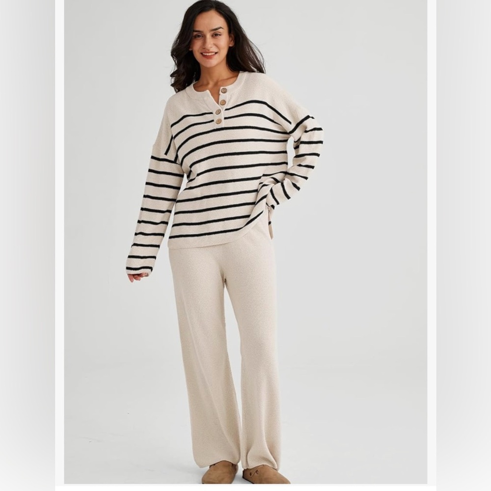 Striped Sweater Lounge Set in Navy and Beige - Size S